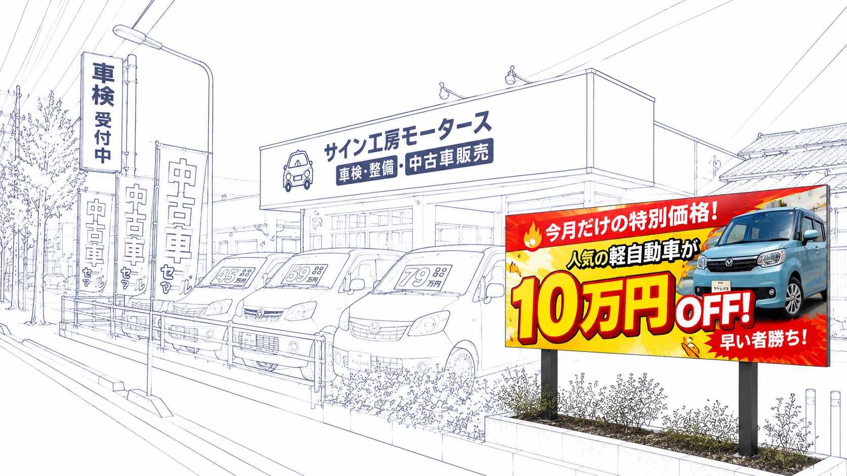 線画で描かれた中古車販売店の店先。歩道際の横長LEDサイネージだけがフルカラーで、人気の軽自動車の特別価格を映している
