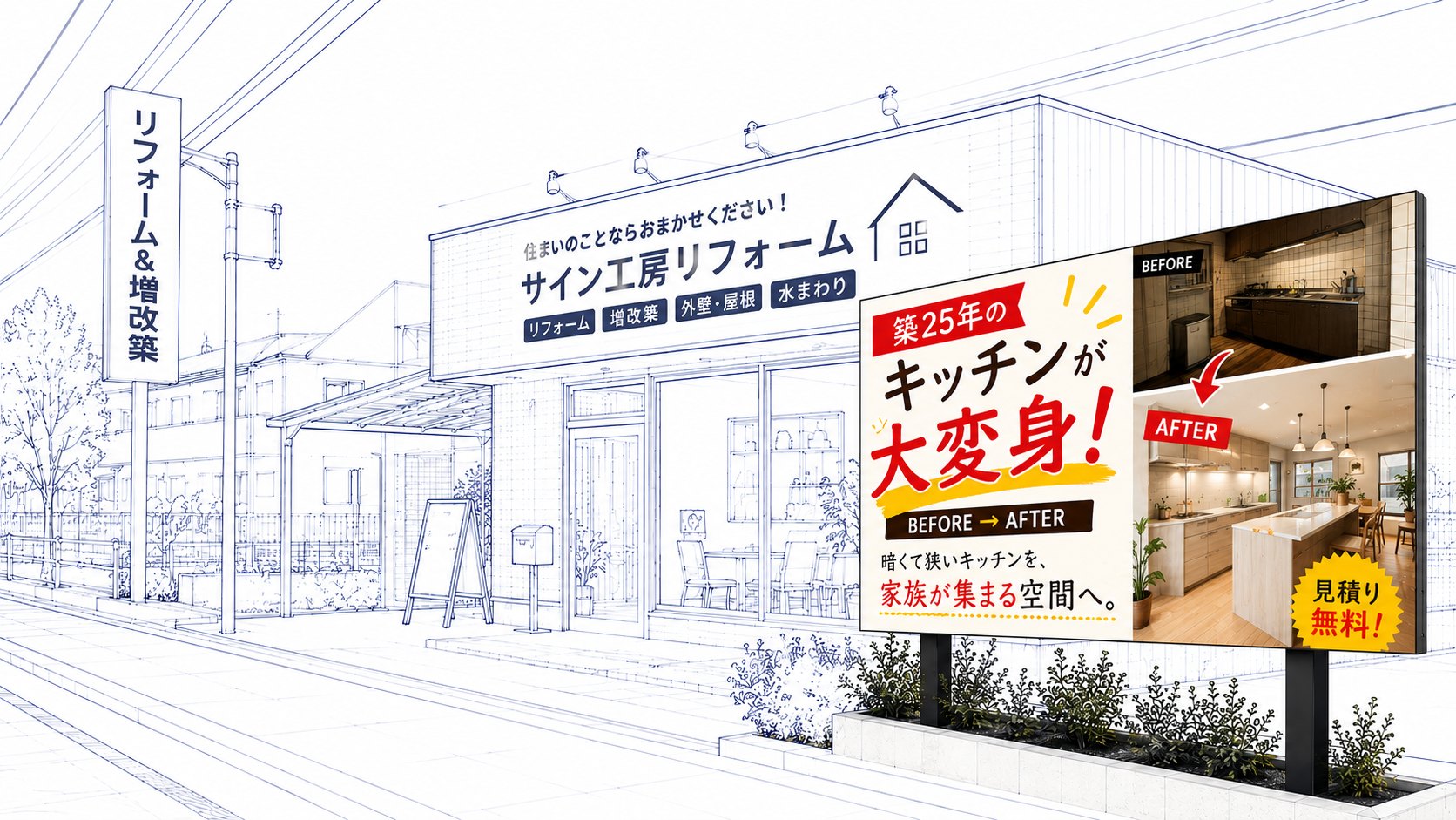 線画で描かれたリフォーム店の店先。横長LEDサイネージだけがフルカラーで、キッチンの施工ビフォーアフターを映している