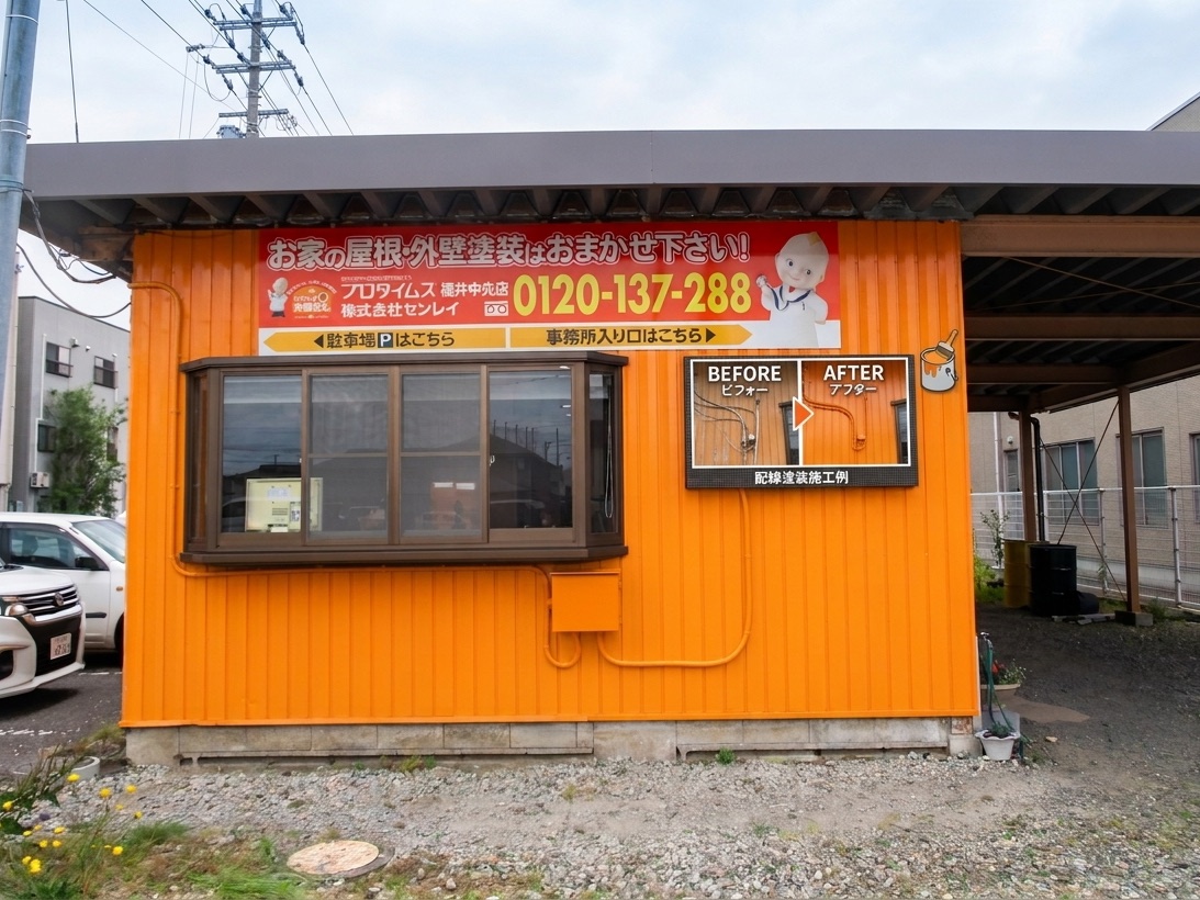 屋根・外壁塗装店の事例：オレンジ色の店舗外壁に一体化させたLEDサイネージで施工ビフォーアフターを表示