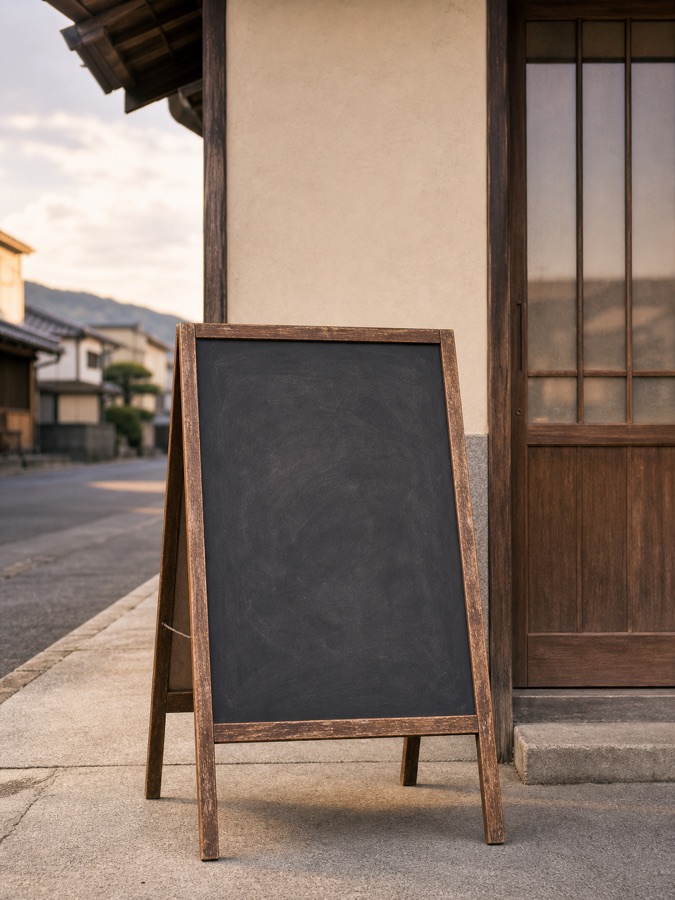 何も書かれないまま店先に置かれたA型のスタンド看板