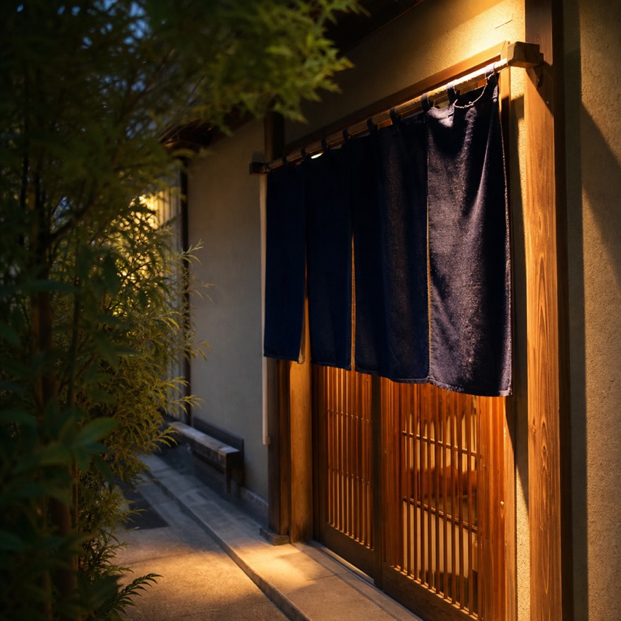 夕暮れの店舗入口の写真に「8月は夜9時まで営業」の文字を重ねたサイネージ用コンテンツ